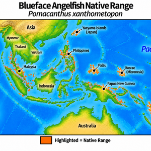 Native range map of Blueface Angelfish (Pomacanthus xanthometopon), highlighting its Indo-Pacific distribution from the Maldives through Southeast Asia, Indonesia and the Philippines to Palau, Kosrae, Papua New Guinea and Vanuatu, north to the Yaeyama Islands of Japan.