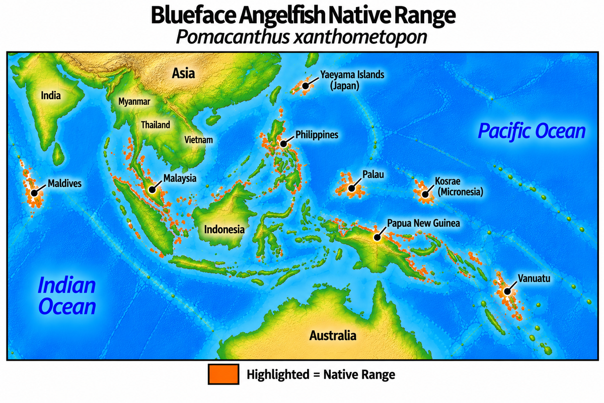 Native range map of Blueface Angelfish (Pomacanthus xanthometopon), highlighting its Indo-Pacific distribution from the Maldives through Southeast Asia, Indonesia and the Philippines to Palau, Kosrae, Papua New Guinea and Vanuatu, north to the Yaeyama Islands of Japan.