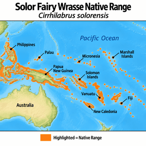 Solor Fairy Wrasse (Cirrhilabrus solorensis) native range map highlighting its Indo-Pacific distribution in orange, including Indonesia, the Philippines, Papua New Guinea, and western Pacific island regions.