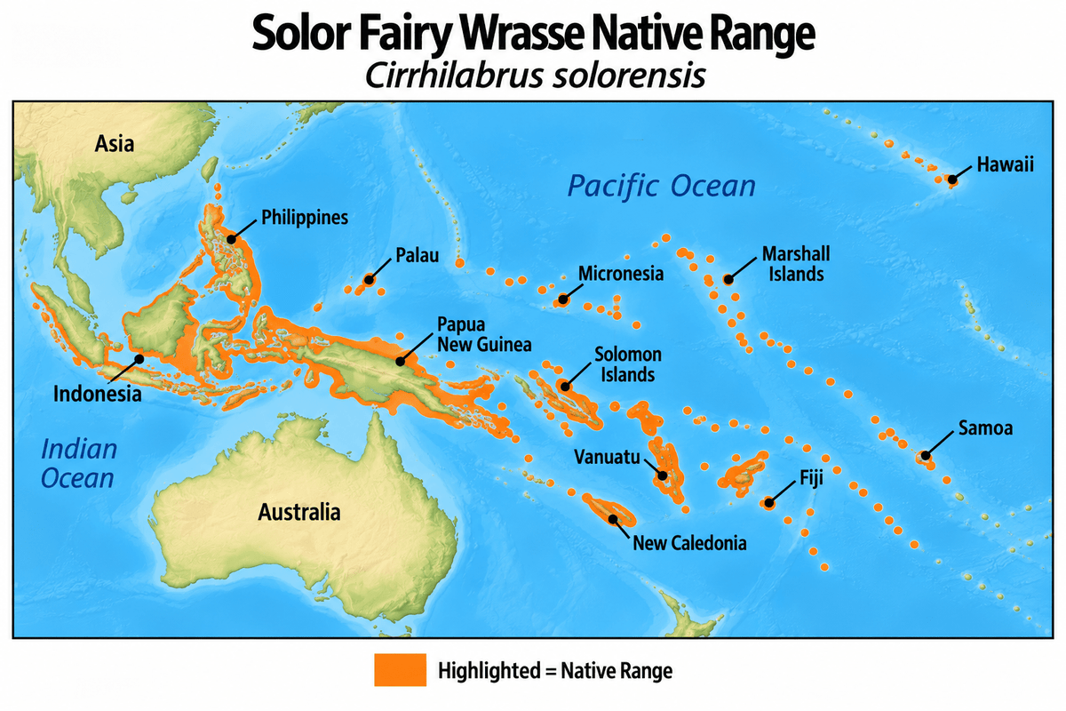 Solor Fairy Wrasse (Cirrhilabrus solorensis) native range map highlighting its Indo-Pacific distribution in orange, including Indonesia, the Philippines, Papua New Guinea, and western Pacific island regions.