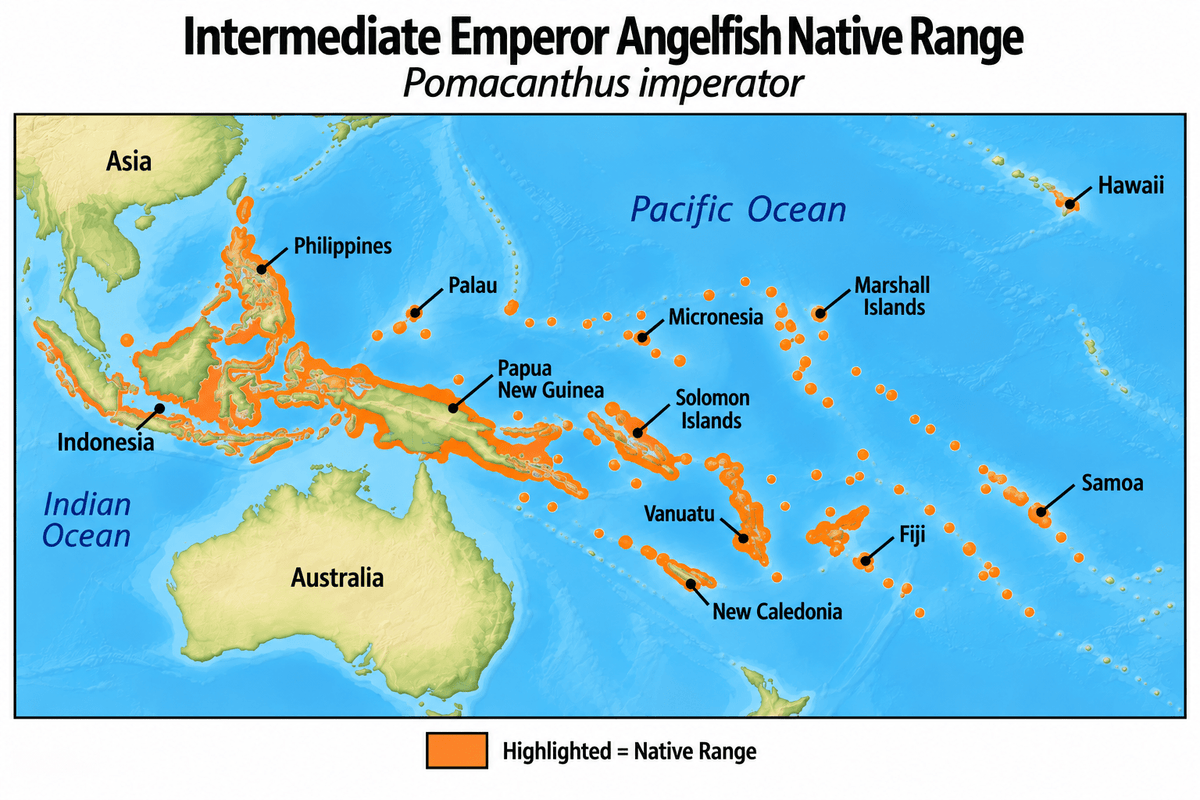 Intermediate Emperor Angelfish (Pomacanthus imperator) native range map highlighting its Indo-Pacific distribution in orange, including Indonesia, the Philippines, Papua New Guinea, and western and central Pacific island regions.