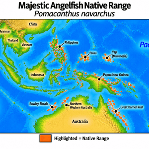 Native range map of Majestic Angelfish (Pomacanthus navarchus), highlighting its Indo-Pacific distribution from Indonesia and the Philippines through Palau and Yap to Papua New Guinea, south to Rowley Shoals, northern Western Australia and the Great Barrier Reef.