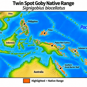 Native range map of Twin Spot Goby (Signigobius biocellatus), highlighting its Western Pacific distribution from the Philippines through Palau and Papua New Guinea to the Solomon Islands and Vanuatu, extending south to Australia’s southern Great Barrier Reef.