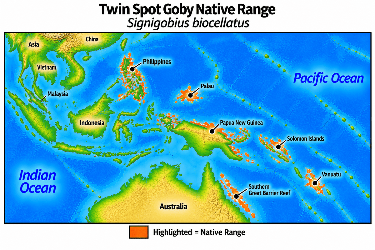 Native range map of Twin Spot Goby (Signigobius biocellatus), highlighting its Western Pacific distribution from the Philippines through Palau and Papua New Guinea to the Solomon Islands and Vanuatu, extending south to Australia’s southern Great Barrier Reef.