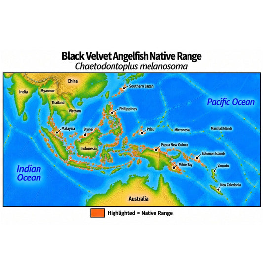 Native range map of Black Velvet Angelfish (Chaetodontoplus melanosoma), highlighting its Indo-West Pacific distribution across the Indo-Malayan region, the Philippines and New Guinea, extending north to southern Japan.