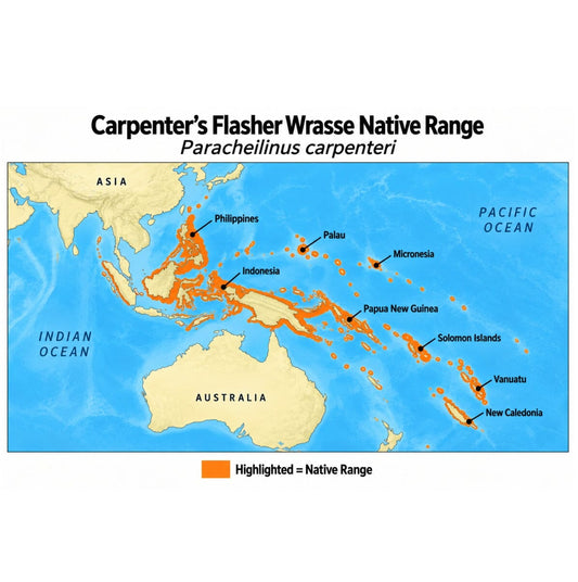 Carpenter’s Flasher Wrasse (Paracheilinus carpenteri) native range map highlighting its Indo-Pacific distribution in orange.