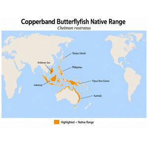 Copperband Butterflyfish (Chelmon rostratus) native range map showing distribution from the Andaman Sea through Indonesia, the Philippines and Papua New Guinea to Australia and the Ryukyu Islands.