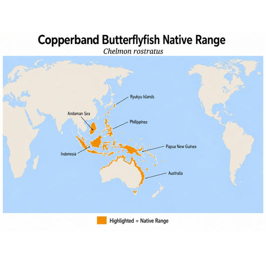 Copperband Butterflyfish (Chelmon rostratus) native range map showing distribution from the Andaman Sea through Indonesia, the Philippines and Papua New Guinea to Australia and the Ryukyu Islands.
