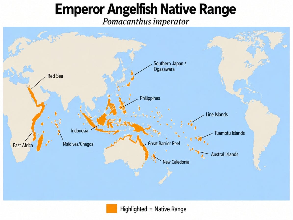 Emperor Angelfish (Pomacanthus imperator) native range map showing its Indo-Pacific distribution from the Red Sea and East Africa to southern Japan, the Great Barrier Reef, and central Pacific islands.