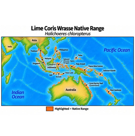 Native range map of Lime Coris Wrasse (Halichoeres chloropterus), highlighting its Western Central Pacific distribution from Southeast Asia and the Philippines through Indonesia and Papua New Guinea to the Solomon Islands, New Caledonia and Australia’s Great Barrier Reef.