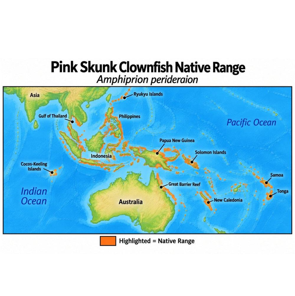 Native range map of Pink Skunk Clownfish (Amphiprion perideraion), highlighting its Indo-Pacific distribution from the Gulf of Thailand and Cocos-Keeling Islands east to Samoa and Tonga, north to the Ryukyu Islands, and south to the Great Barrier Reef and New Caledonia.
