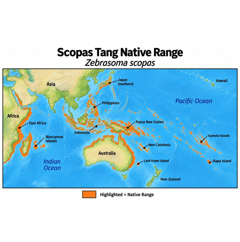 Scopas Tang (Zebrasoma scopas) native range map highlighting its Indo-Pacific distribution in orange, including Indonesia, the Philippines, Papua New Guinea, and western and central Pacific island regions.